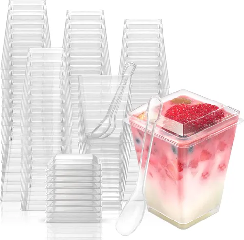 EASERCY Paquete de 100 tazas de postre de plástico de 5 onzas con tapas, taza de yogur para parfait/aperitivo con tapas para fiestas, mini tazas de