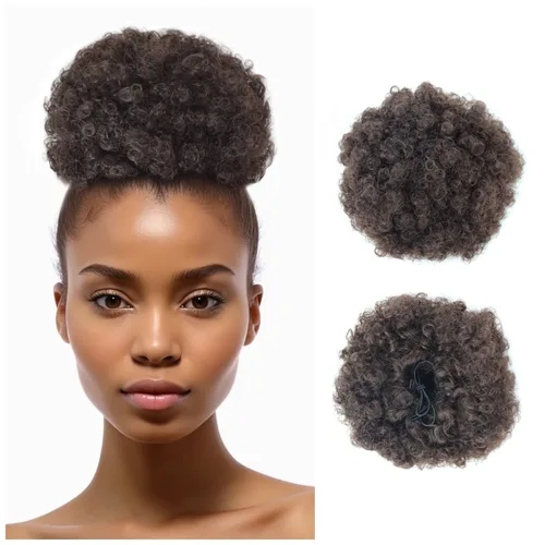 Vista 8 de Extensión de cola de caballo afro con cordón, corta sintética afro rizada para cabello natural, clip de cabello rizado con cordón, moño