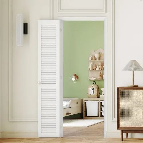 Vista 31 de Puerta Plegable de 180 Grados, para Aberturas de Puerta de Despensa de 24″x 80″, Puerta Plegable Blanca 1-Lite con Vidrio Esmerilado con Conjunto