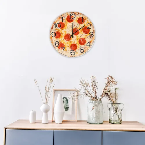 Vista 4 de Reloj de pared redondo de madera con números arábigos, comida y pizza, silencioso, sin tictac, funciona con pilas, relojes grandes para sala