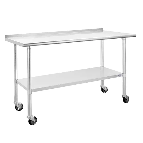 Vista 51 de Mesa de acero inoxidable para preparación y trabajo, con ruedas giratorias, mesa resistente, comercial NSF, con estante inferior y protector