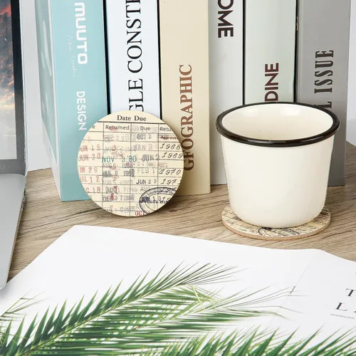 Vista 4 de Juego de posavasos para tarjetas de fecha de vencimiento de la biblioteca vintage, 4 posavasos para tarjetas de biblioteca con tarjeta de regalo