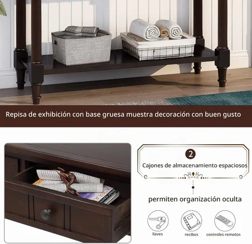 Vista 3 de Merax Mesa de sofá de madera maciza con 2 cajones de almacenamiento y estante inferior, mesa de consola para sala de estar, pasillo, espresso