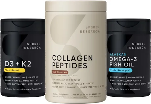 Sports Research Paquete de huesos y articulaciones para la piel, péptidos de colágeno de chocolate oscuro, suplemento de aceite de pescado omega-3