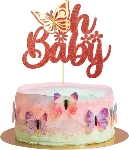 Gyufise 1 pieza de mariposa Oh Baby Cake Topper Glitter Baby Shower Butterfly Cake Pick para revelación de género Baby Shower Niños fiesta de Rojo