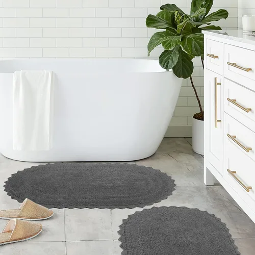 Vista 7 de TreeWool - Alfombras de baño con borde de ganchillo reversible en algodón de felpa (paquete de 2)
