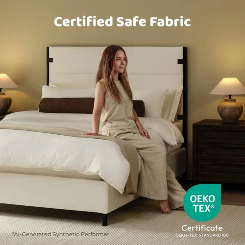 Vista 6 de RECCI Base de cama tapizada tamaño King con cabecero alto con cinturón Crema Boucle