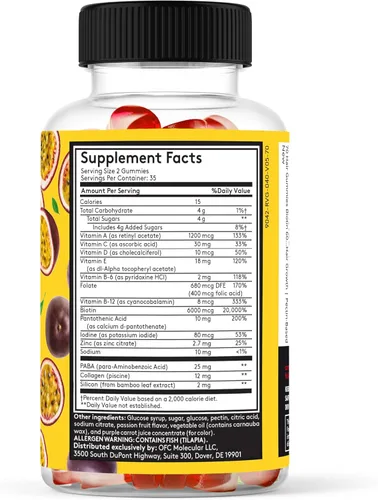 Vista 2 de 70 gomitas para el cabello, biotina, 6000 mcg, colágeno, silicio, PABA y multivitaminas, vitaminas para el cabello, la piel y las uñas, gomitas