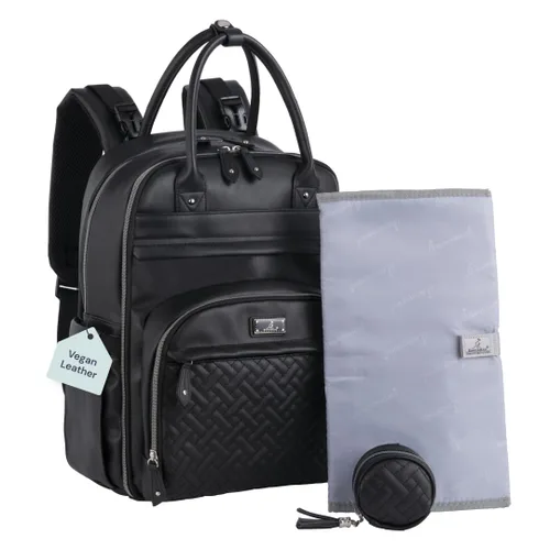 Vista 30 de BabbleRoo - Mochila de cuero para pañales, bolso de viaje para bebé con artículos esenciales, multifuncional, resistente al agua, con almohadilla