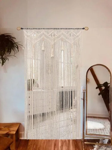 Vista 4 de Cortinas Boho para Dormitorio Macramé para Ventanas Sala de Estar Decoración Boho Grande Colgante de Pared de Macramé Cortina con Cuentas