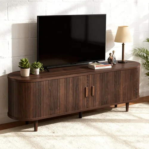 Vista 16 de Soporte de TV moderno de mediados de siglo de 58 pulgadas, consolas de TV de madera con puertas correderas y toma de corriente, centro