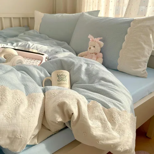 VM VOUGEMARKET Juego de edredón de encaje tamaño Twin XL, edredón a cuadros azul con patrón Gingham con 2 fundas de almohada románticas de encaje,