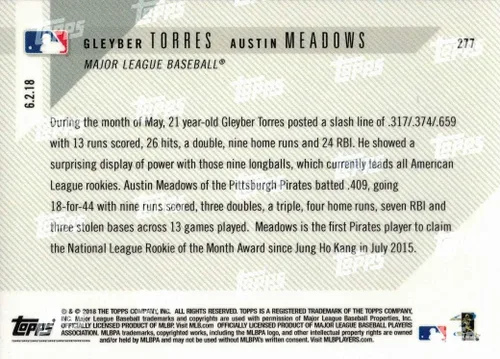 Vista 2 de 2018 Topps Now Baseball #277 Gleyber Torres/Austin Meadows Rookie Card - Only 1,783 made!