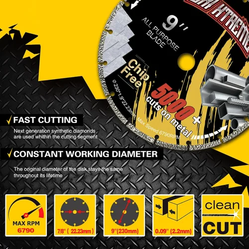 Vista 2 de Rueda de corte de diamante de 9 x 7/8 pulgadas para metal, disco de corte con más de 5000 cortes en barras de refuerzo, acero, hierro e INOX
