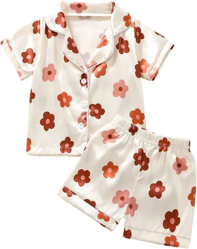Qiylii Pijama de seda floral para niñas de 1 a 6 años, de manga corta, con botones, pantalones cortos de verano, 2 piezas, flores, satén, conjunto