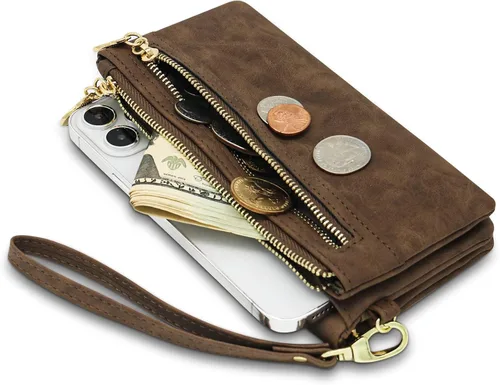 Vista 3 de Cartera de cuero vegano para mujer cartera larga plegable para mujer con bolsillo con cremallera Café