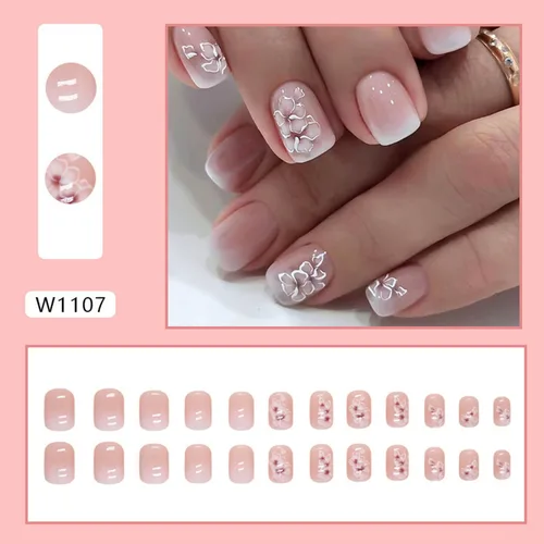 Vista 5 de Uñas postizas cortas a presión cuadradas con diseños de flores, uñas postizas francesas degradadas, lindas uñas acrílicas cortas a presión, uñas