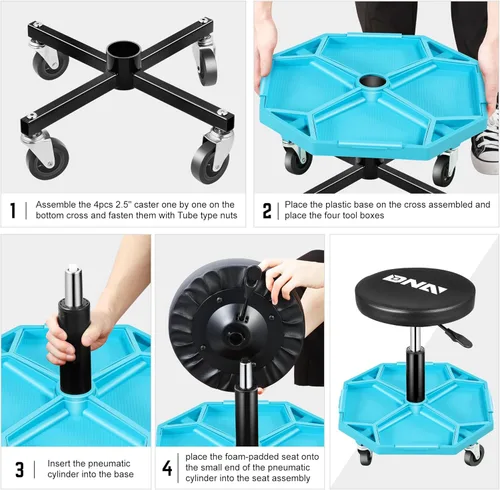 Vista 5 de DNA Motoring - Taburete mecánico neumático de altura ajustable para garaje con bandeja de herramientas, asiento rodante, capacidad máxima de 300 Azul