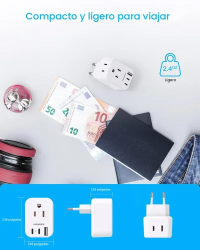 Vista 4 de HANYCONY - Adaptador de enchufe de viaje europeo para internacional, adaptador de corriente HANYCONY Italia España, 2 tomacorrientes, 2 puertos USB