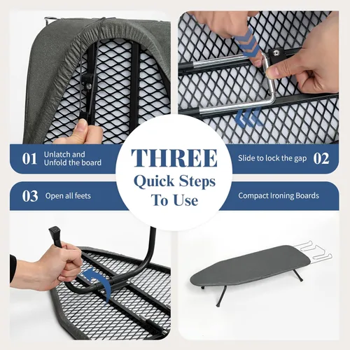 Vista 5 de Tabla de Planchar Pequeña Plegable, BlissBoard Tabla de Planchar de Mesa con Cubierta y Almohadilla, Marco de Metal Mesa de Planchar Mini de Negro