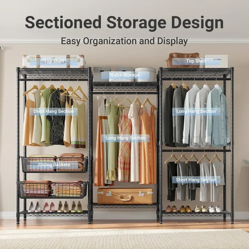 Vista 5 de VIPEK V10 - Perchero de ropa de gran tamaño resistente con varillas para colgar, estantes ajustables y 2 cestas de almacenamiento deslizantes