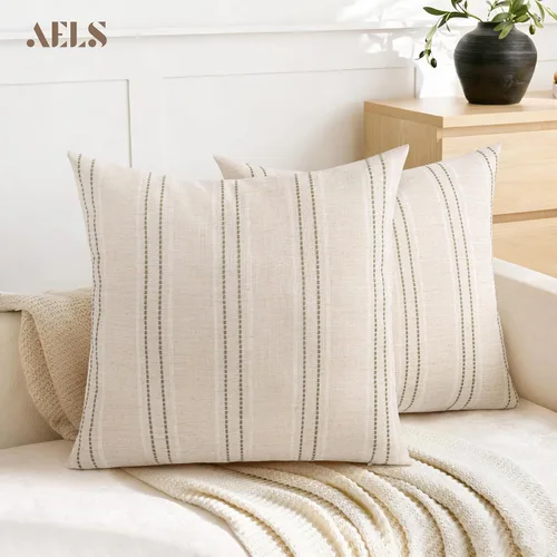 Vista 5 de AELS Fundas de Almohada Decorativas de Lino Estilo Granja de 22x22, Funda de Almohada con Textura Boho, Juego de 2, Beige con Hilo de Puntada Blanca