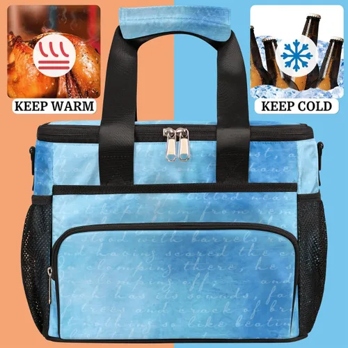 Vista 4 de QsirBC Bolsa de almuerzo reutilizable extragrande con asa reforzada, correas de hombro ajustables extraíbles, a prueba de fugas, con texto azul