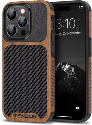 Vista 8 de TENDLIN Compatible con Funda para iPhone 14 de Grano de Madera con Diseño de Textura de Fibra de Carbono, Funda Híbrida de Cuero delgada Negra