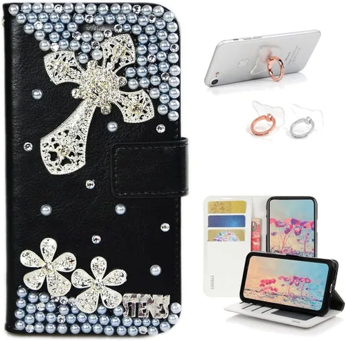 Vista 9 de STENES Bling - Funda tipo cartera compatible con iPod Touch 5 y iPod Touch 6, elegante funda de piel con diseño de lazo hecho a mano en 3D con Negro