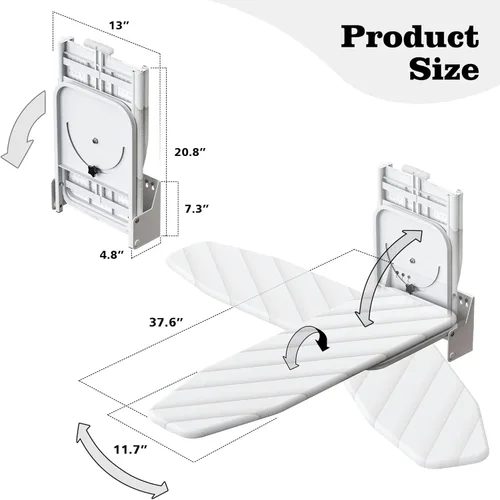 Vista 2 de MYOYAY Tabla de planchar montada en la pared de 12 x 37 pulgadas, ahorro de espacio, tabla de planchar plegable de 180° con cubierta resistente al