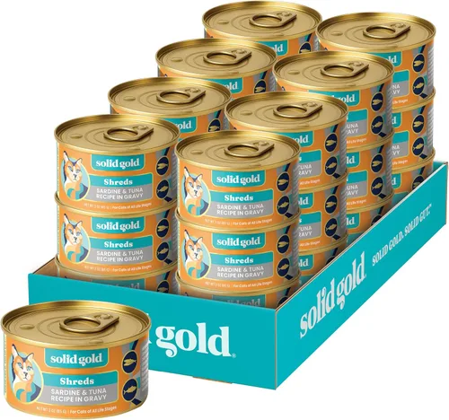 Vista 50 de Solid Gold comida húmeda para gatos desmenuzada con salsa - Alimento enlatado para gatos hecho con atún real - Sin granos de los Cinco Océanos