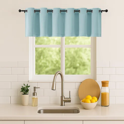 Vista 225 de Simplebrand Juego de 2 paneles de cenefa aguamarina para ventana de cocina de 14 pulgadas de largo, cortinas de oscurecimiento de habitación