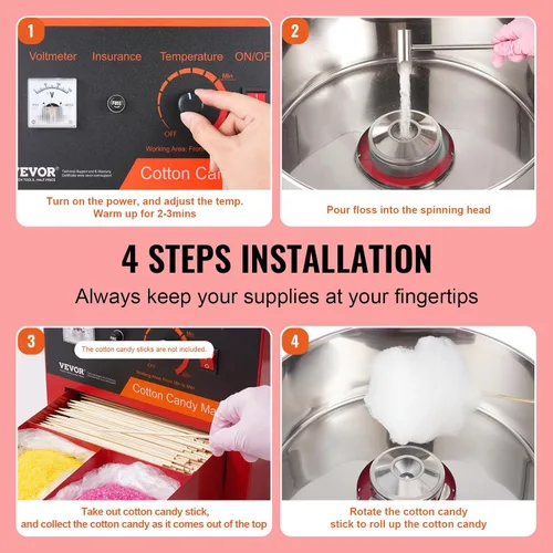 Vista 15 de VEVOR - Máquina eléctrica para hacer algodón de azúcar con carro, máquina comercial para hacer caramelo de 1000W con tazón de acero inoxidable