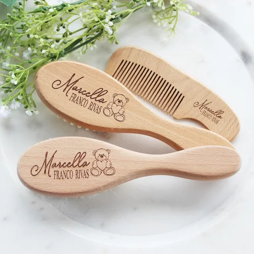 Vista 4 de Juego de cepillos de madera personalizados para bebés Cepillo de madera personalizado para bebés Regalo personalizado para niños