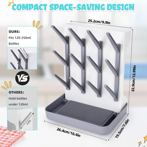 Vista 5 de Estante de secado de biberones, soporte vertical de secado de botellas con soporte para cepillos, organizador de almacenamiento de botellas grande