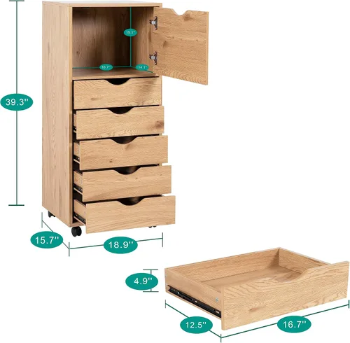 Vista 113 de Naomi Home Cómoda de 5 cajones para dormitorio, alta y elegante, con ruedas y estantes de almacenamiento, pequeña para guardarropa, para maquillaje