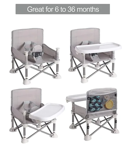 Vista 2 de PandaEar Asiento portátil para bebé de viaje, plegado compacto con correas para uso en interiores y exteriores, ideal para campamento, playa, Gris