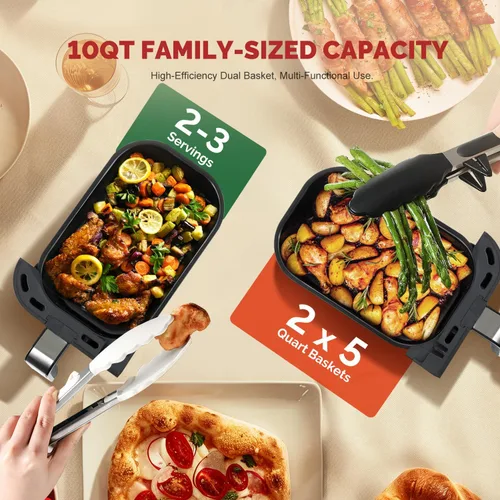 Vista 3 de Freidora de aire doble grande mejorada de 10 cuartos de galón, pantalla táctil digital, función de cocción y acabado de sincronización inteligente