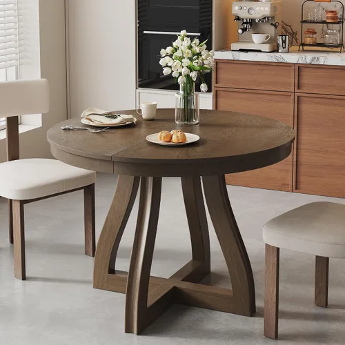 Vista 4 de Mesa de comedor extensible ovalada de madera con base de pedestal Marrón