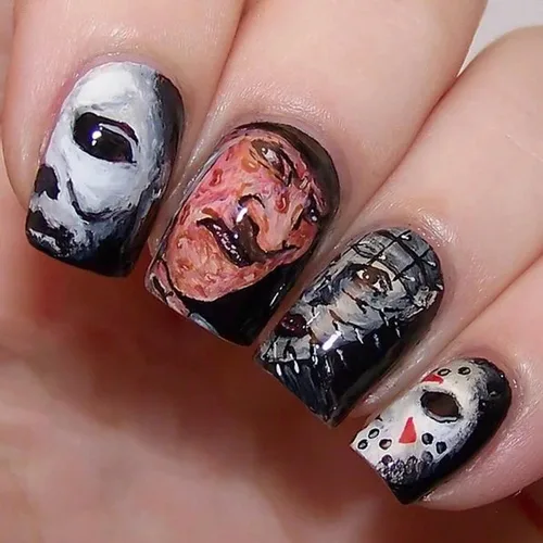 Vista 21 de Uñas cortas a presión para Halloween, uñas postizas cuadradas de personajes de películas de miedo, uñas postizas con pegamento de Halloween