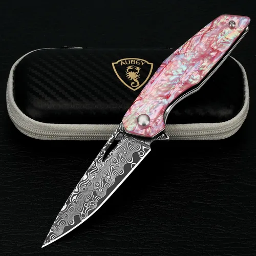 Vista 13 de Cuchillo de bolsillo de Damasco AUBEY con clip, cuchillos plegables con hoja de acero Damasco VG10, mango de madera, cuchillos EDC plegables