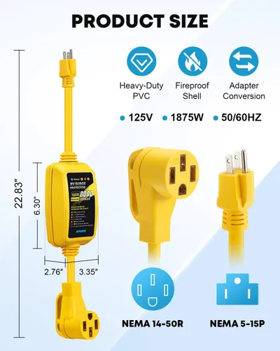 Vista 4 de Kohree Adaptador RV de 50 amperios a 110 voltios con protector de sobretensiones de 8000 julios, NEMA 5-15P a NEMA 14-50R Cable adaptador