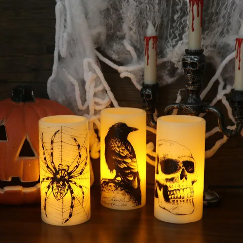 Vista 3 de Eldnacele Velas LED sin llama parpadeantes de Halloween, funcionan con pilas, con temporizador de 6H, calcomanías de calavera, telaraña, cuervo