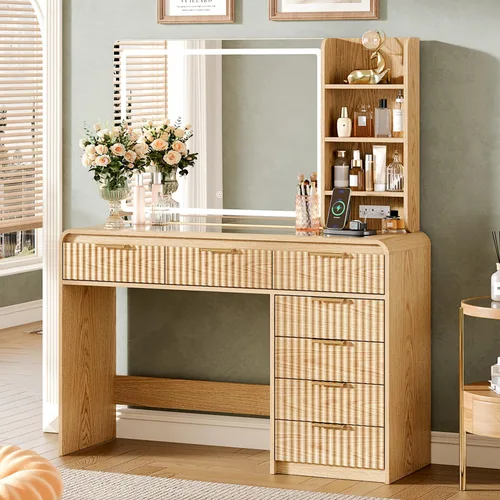 Vista 12 de Escritorio de maquillaje de 47 pulgadas con espejo y luces, escritorio de tocador con 7 cajones y estantes de almacenamiento, mesa de tocador