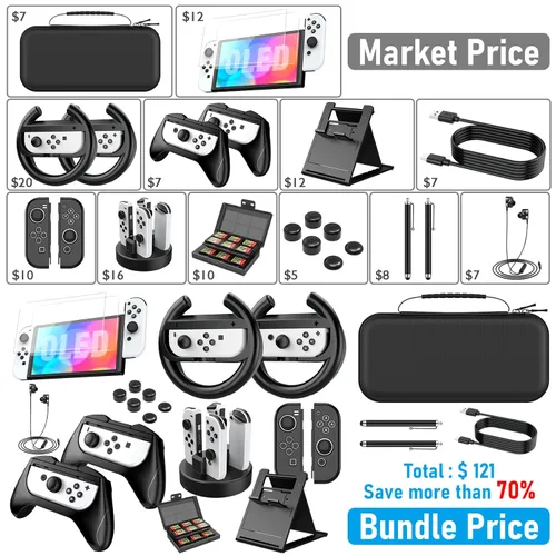 Vista 2 de 27 In 1 Switch OLED Accessories Bundle Kit for Nintendo Switch OLED, Switch OLED Carrying Case and Protective Case Cover, Joycon Grips and Wheels
