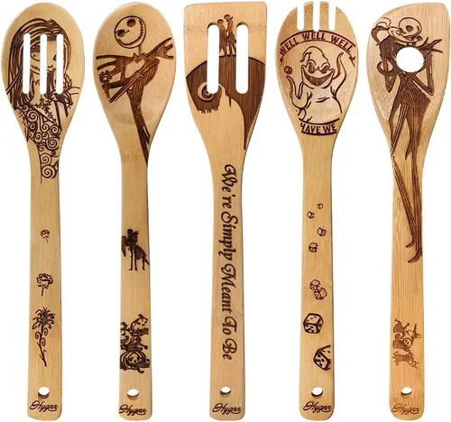 Vista 12 de Beauty and the Beast Juego de cucharas de madera quemadas para cocinar y servir, cuchara de bambú ranurada, utensilios de cocina, idea de regalo