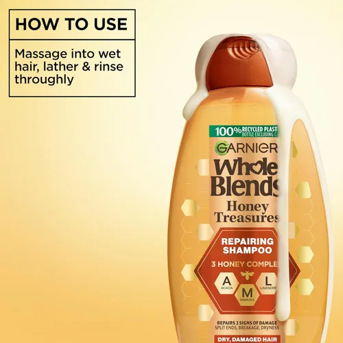 Vista 6 de Garnier Whole Blends Honey Treasures Champú reparador, para cabello seco y dañado, 22 onzas líquidas, 2 unidades (el embalaje puede variar)