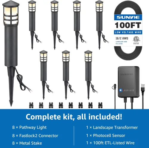 Vista 5 de SUNVIE Kit de iluminación LED todo en uno, paquete de 8 luces de camino de bajo voltaje con transformador y cable 16/2 AWG de 100 pies, luces