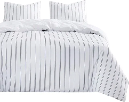 Vista 6 de Wake In Cloud - Juego de edredón a rayas, estampado de rayas verticales a rayas neutrales, ropa de cama suave y ligera, 3 piezas, gris y blanco