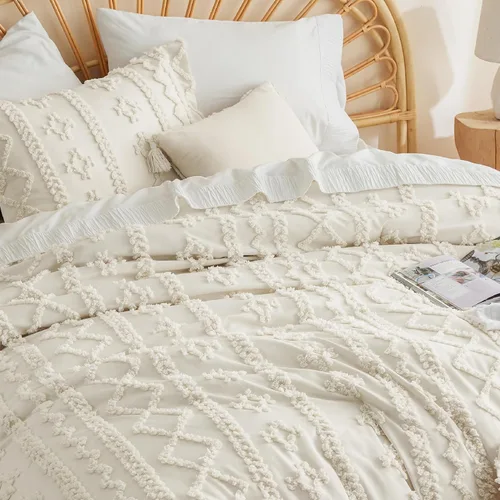 Vista 3 de Bedsure Juego de edredón bohemio copetudo, tamaño matrimonial, juego de edredón bohemio beige de 3 piezas, juego de cama bordado estilo rústico